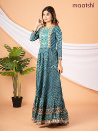 Muslin floor length dress peacock green with allover bandhani prints & embroidery neck pattern