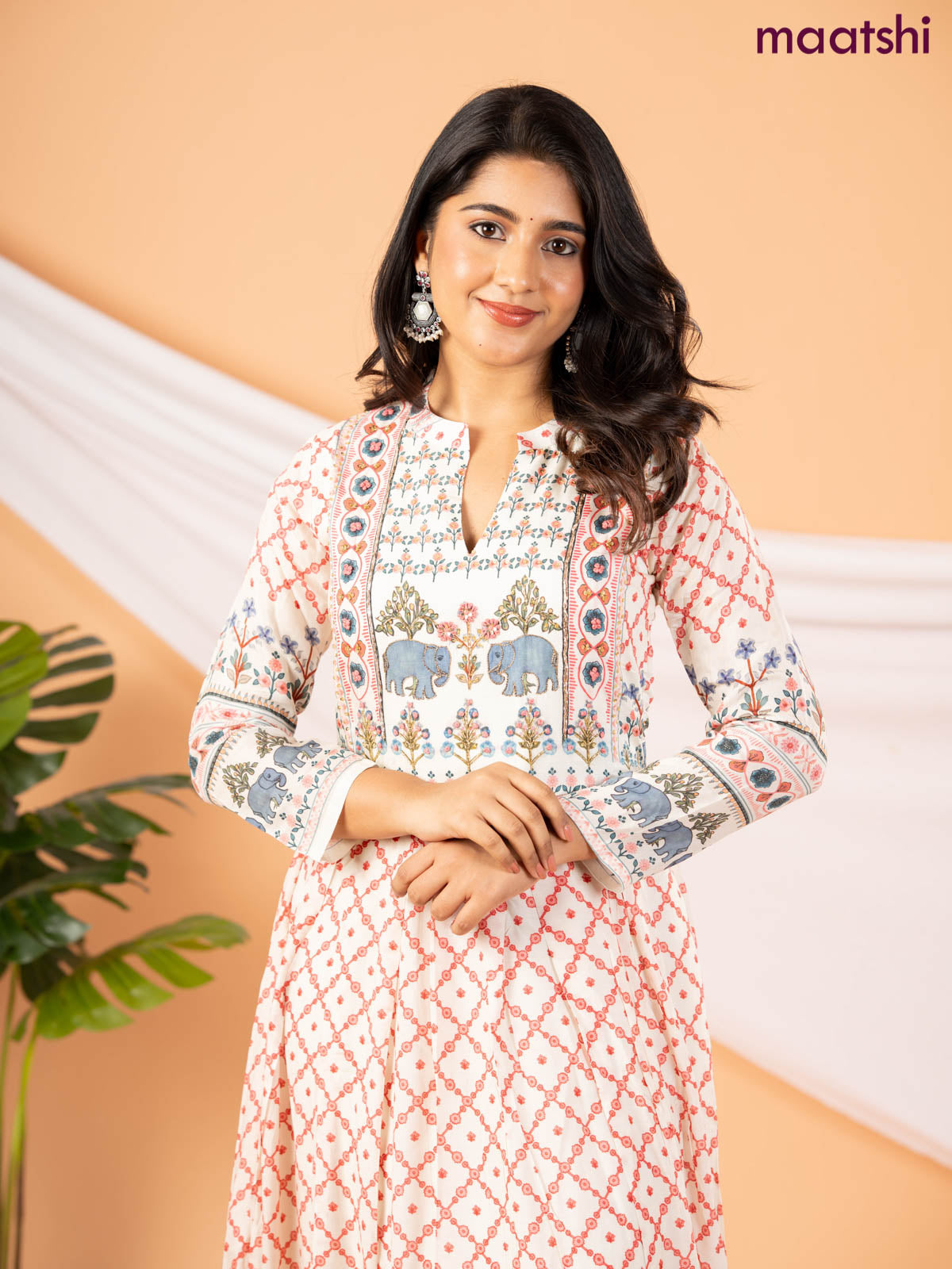 Muslin floor length dress off white with allover floral prints & chamki neck pattern