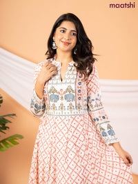 Muslin floor length dress off white with allover floral prints & chamki neck pattern