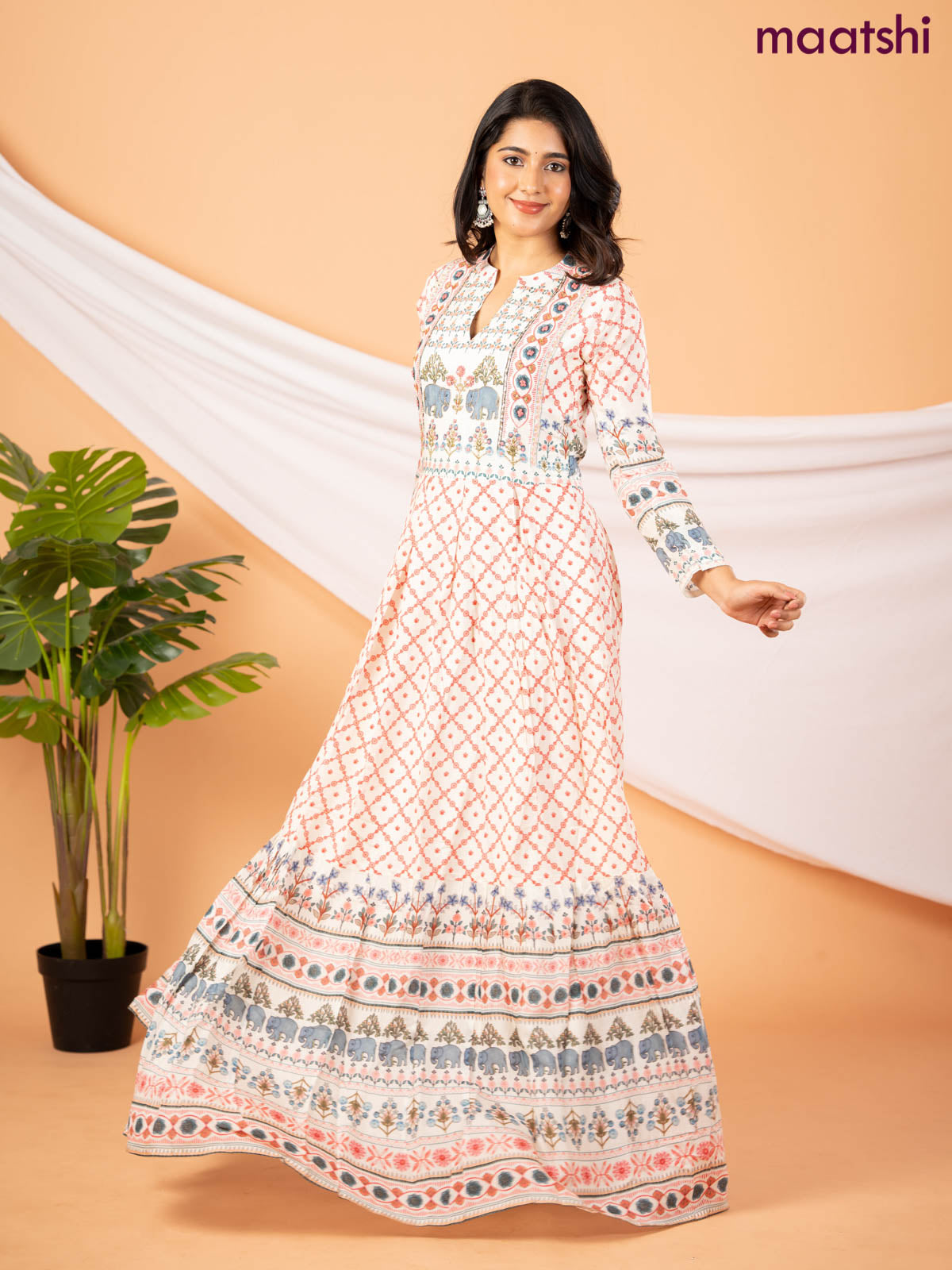Muslin floor length dress off white with allover floral prints & chamki neck pattern