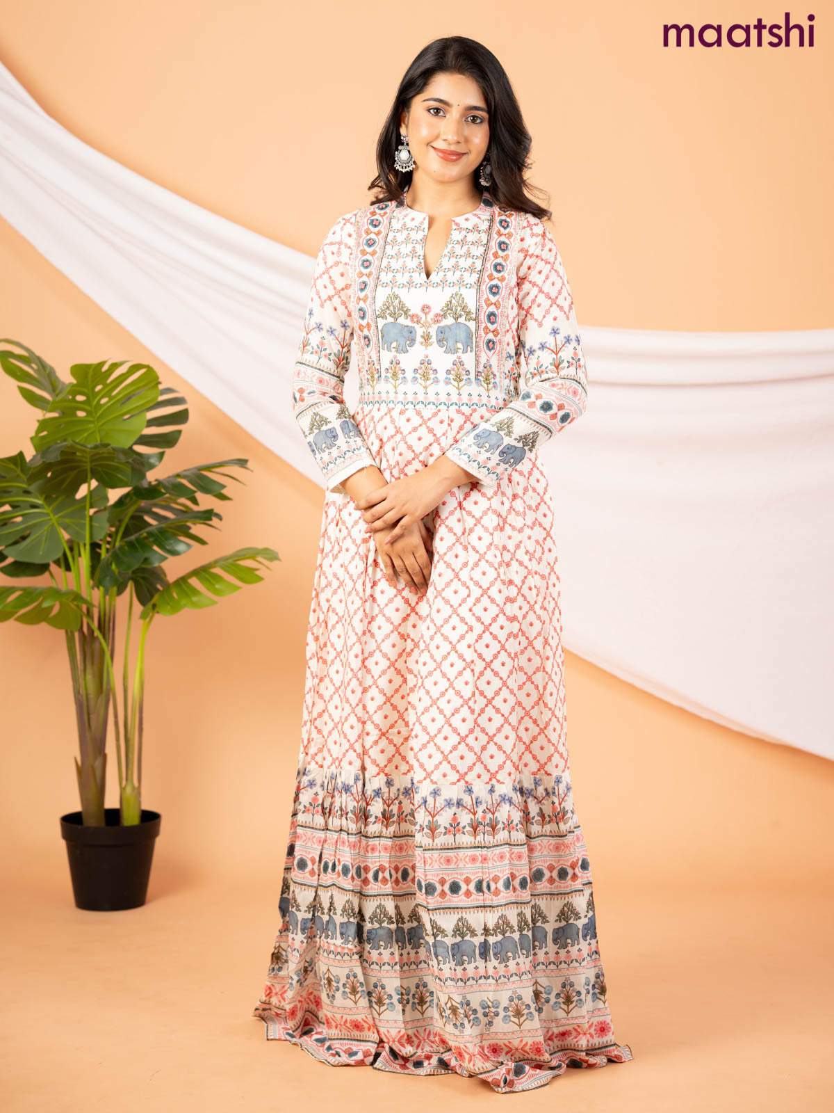 Muslin floor length dress off white with allover floral prints & chamki neck pattern