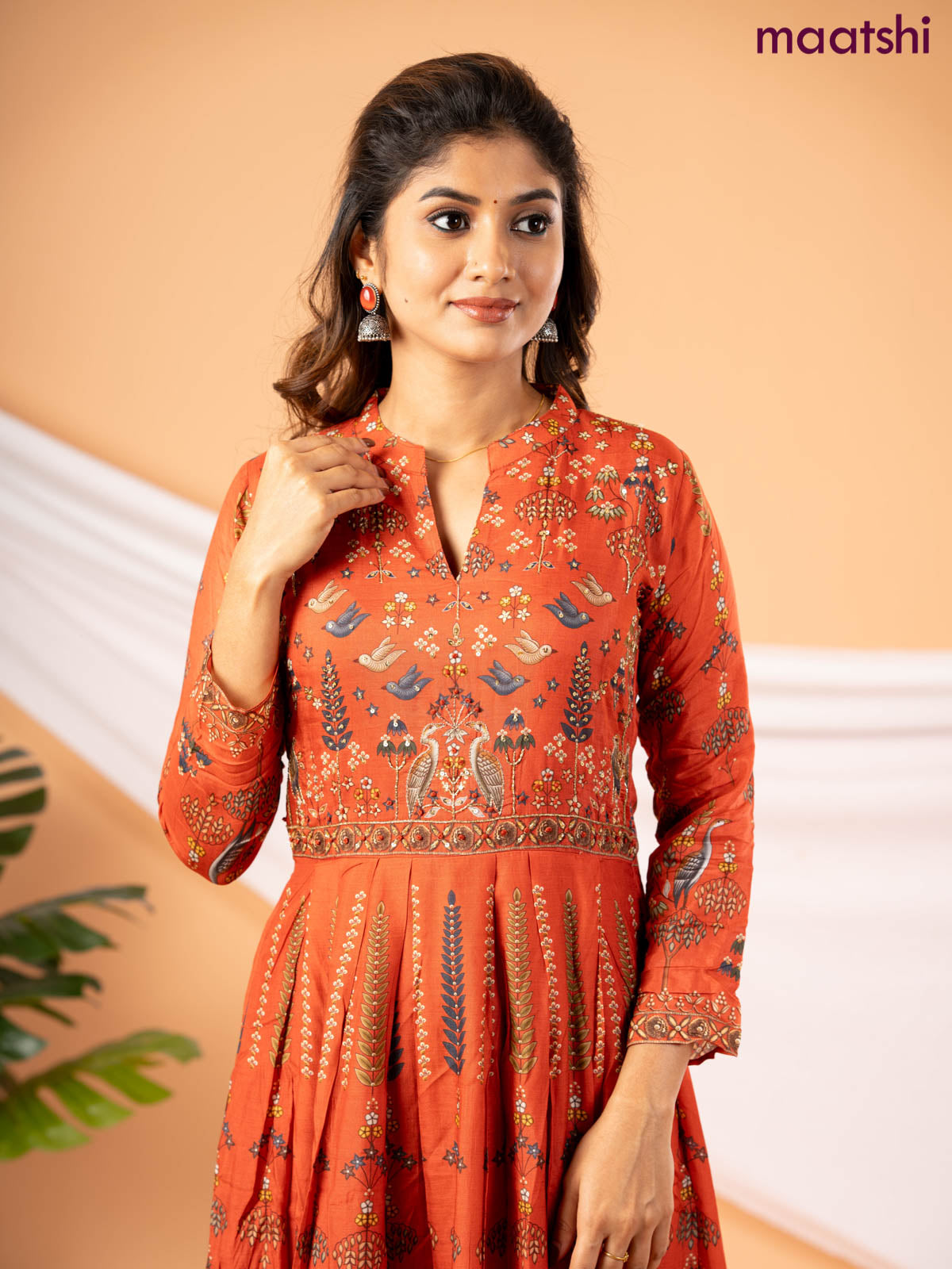 Muslin floor length dress rustic orange with allover prints & chamki beaded neck pattern