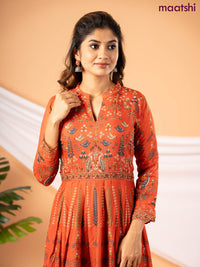 Muslin floor length dress rustic orange with allover prints & chamki beaded neck pattern