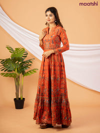 Muslin floor length dress rustic orange with allover prints & chamki beaded neck pattern