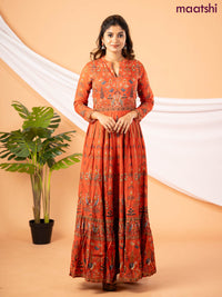 Muslin floor length dress rustic orange with allover prints & chamki beaded neck pattern