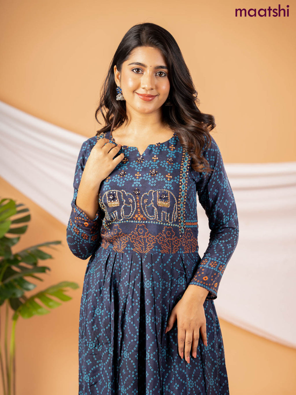 Muslin floor length dress navy blue with allover bandhani prints & cha Maatshi Muslin floor length dress navy blue with allover bandhani prints & cha Maatshi