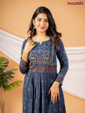 Muslin floor length dress navy blue with allover bandhani prints & chamki neck pattern