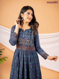 Muslin floor length dress navy blue with allover bandhani prints & chamki neck pattern