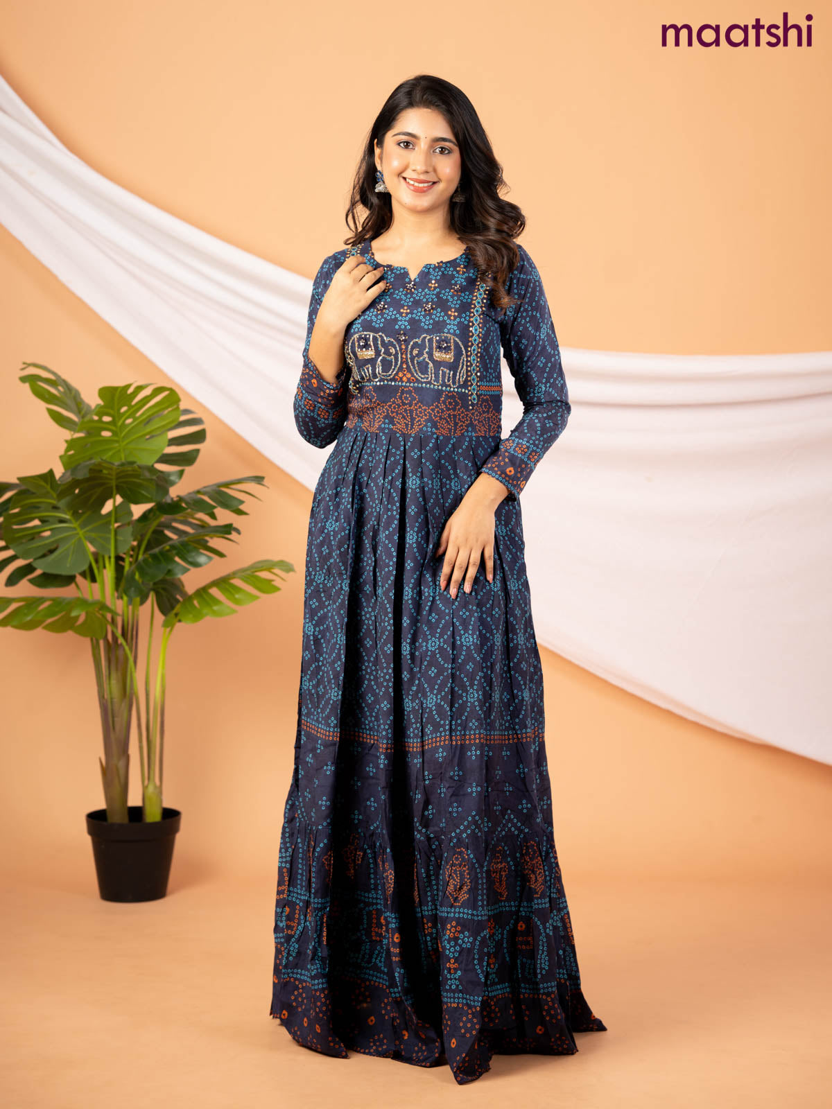 Muslin floor length dress navy blue with allover bandhani prints & chamki neck pattern