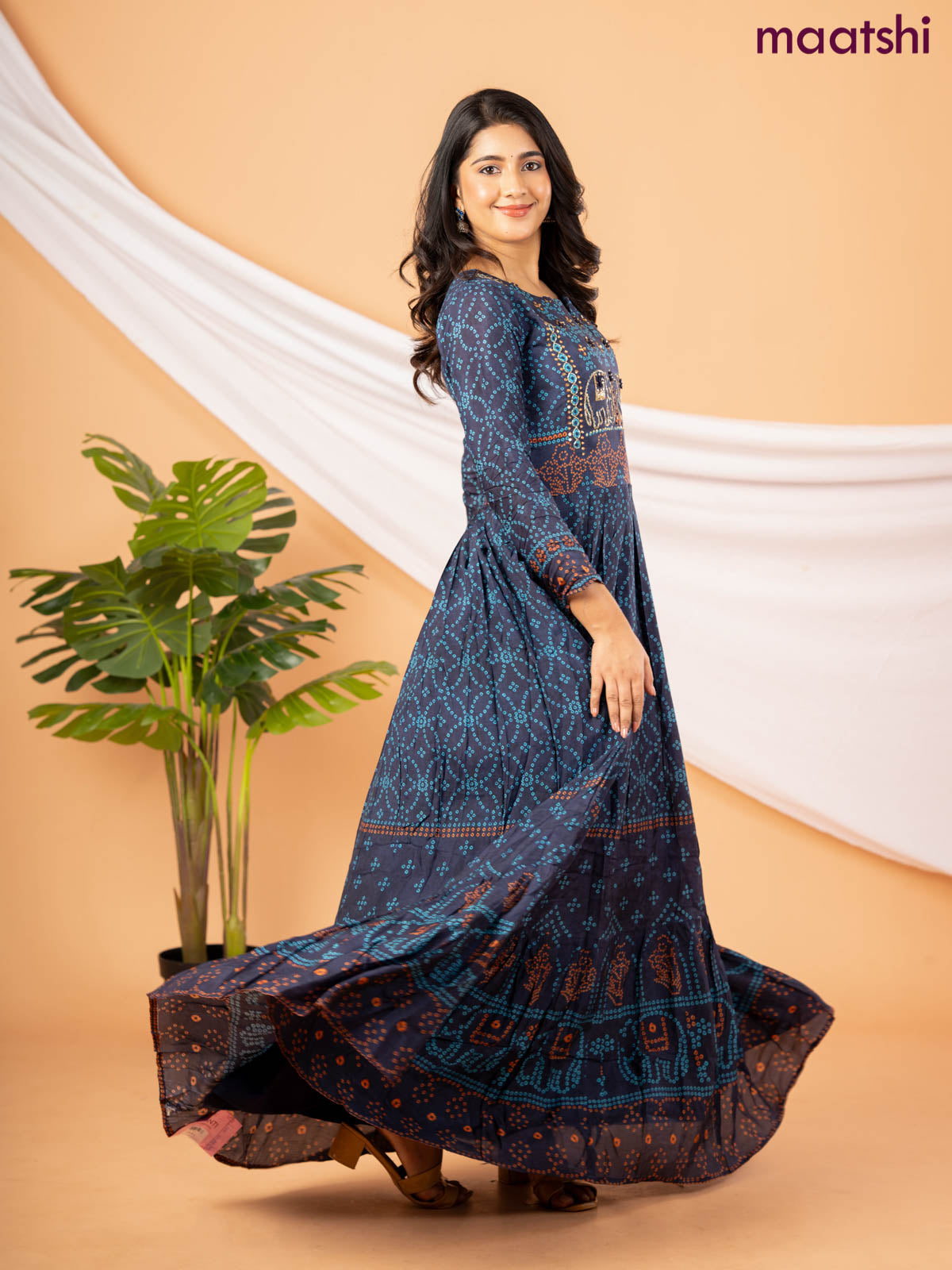 Muslin floor length dress navy blue with allover bandhani prints & chamki neck pattern