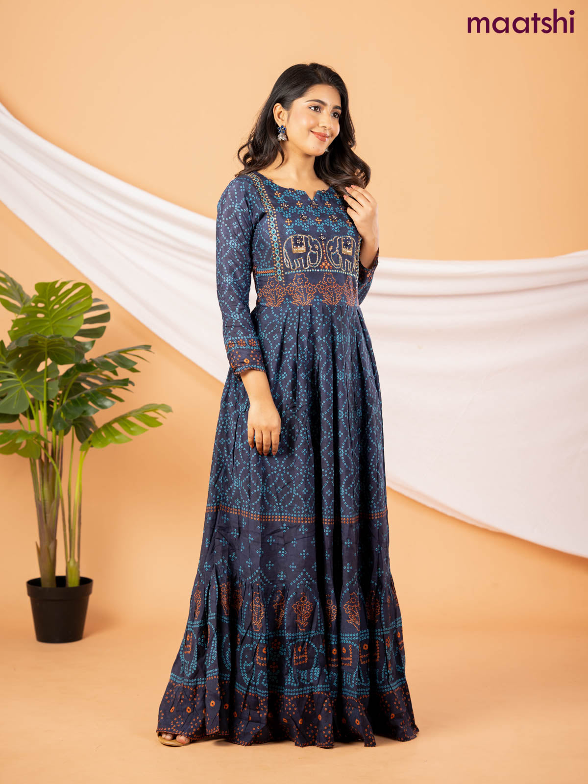 Muslin floor length dress navy blue with allover bandhani prints & chamki neck pattern