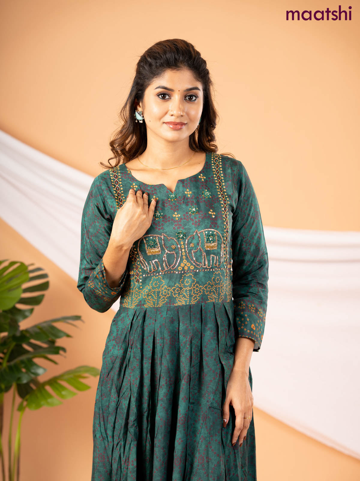 Muslin floor length dress green with allover bandhani prints & chamki neck pattern