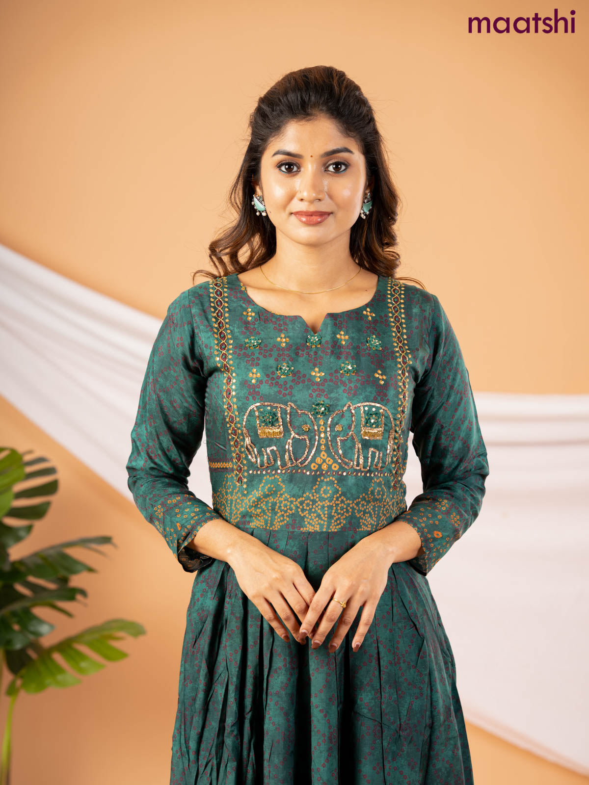Muslin floor length dress green with allover bandhani prints & chamki neck pattern