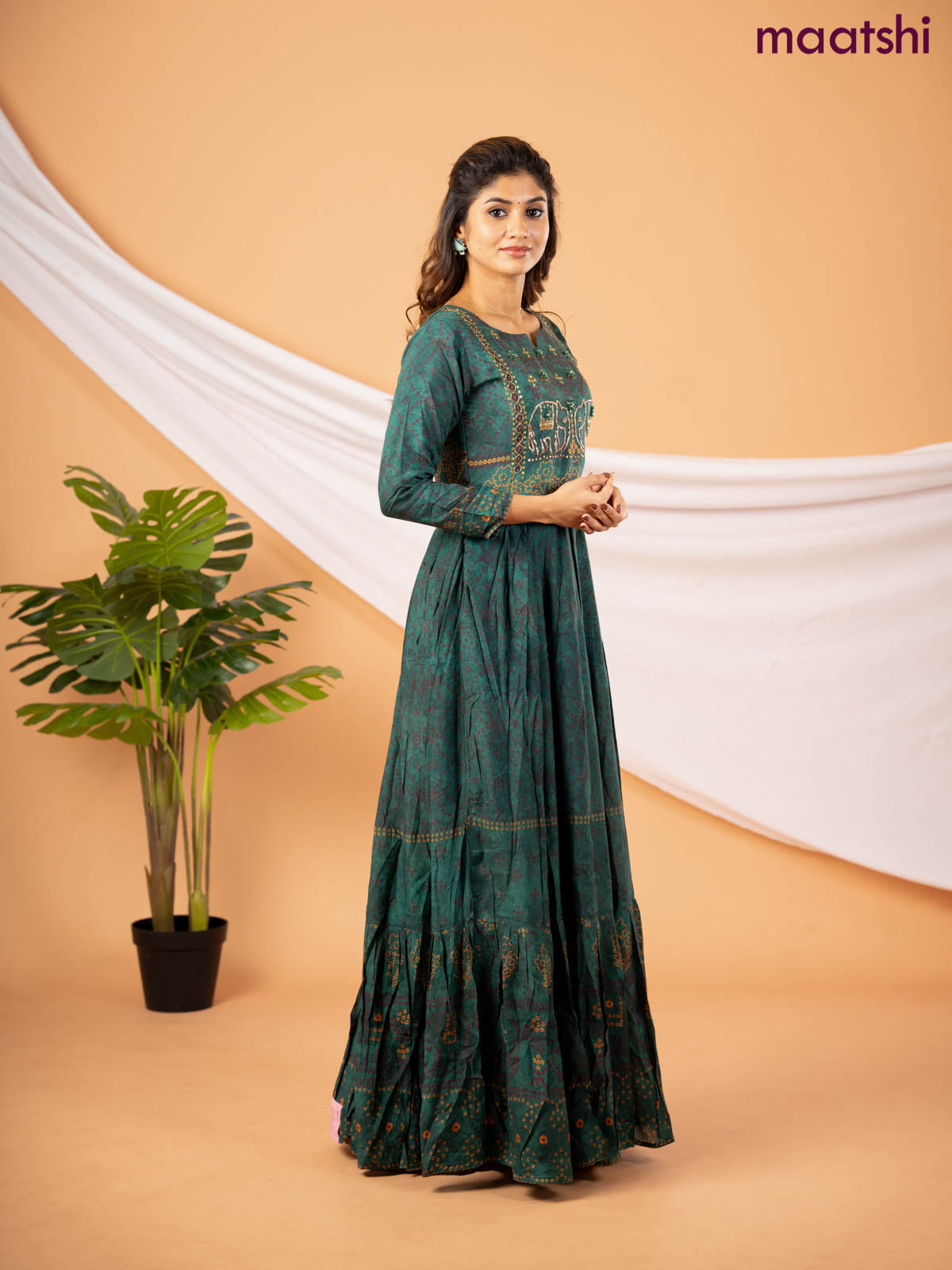 Muslin floor length dress green with allover bandhani prints & chamki neck pattern