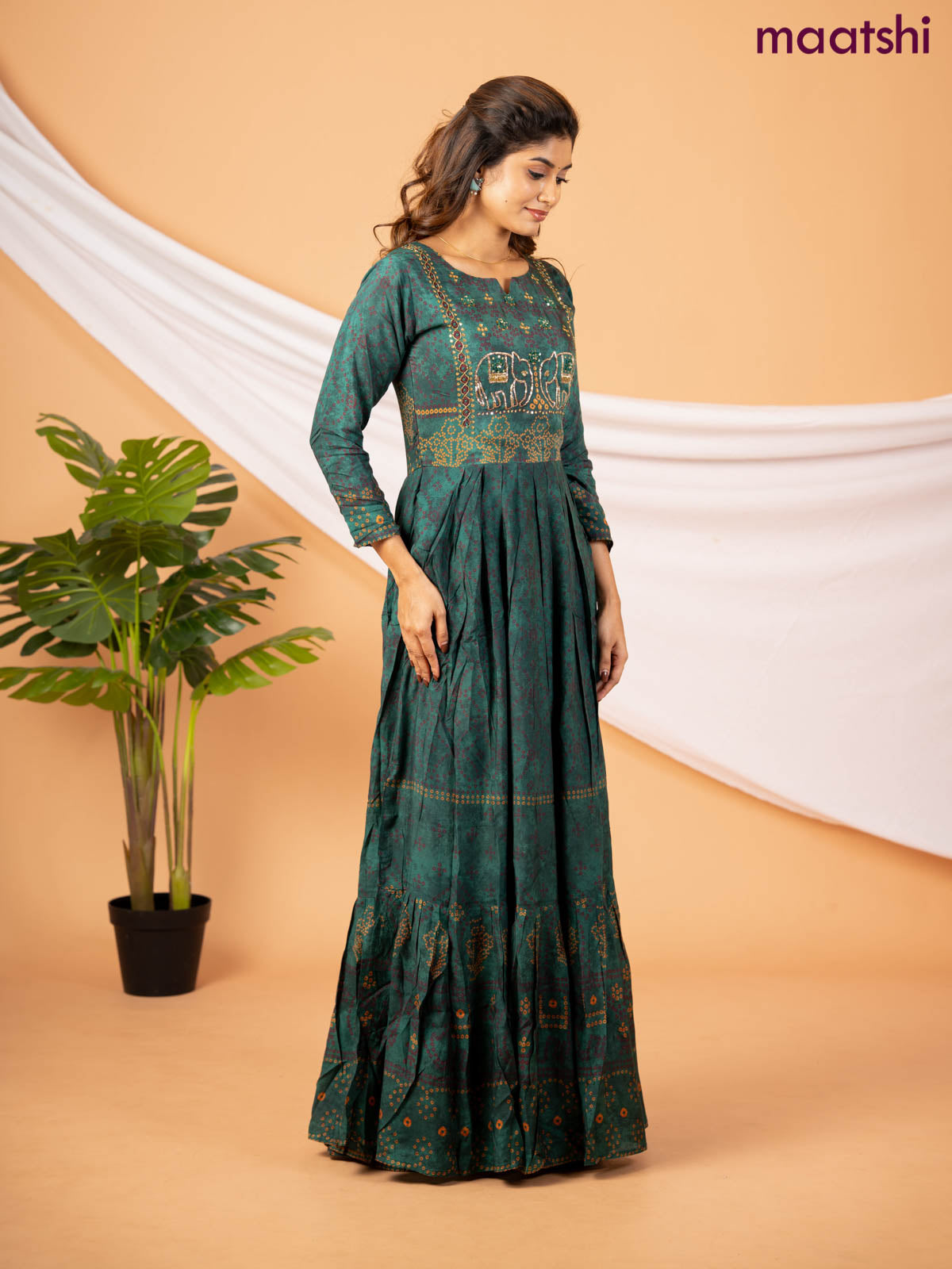 Muslin floor length dress green with allover bandhani prints & chamki neck pattern