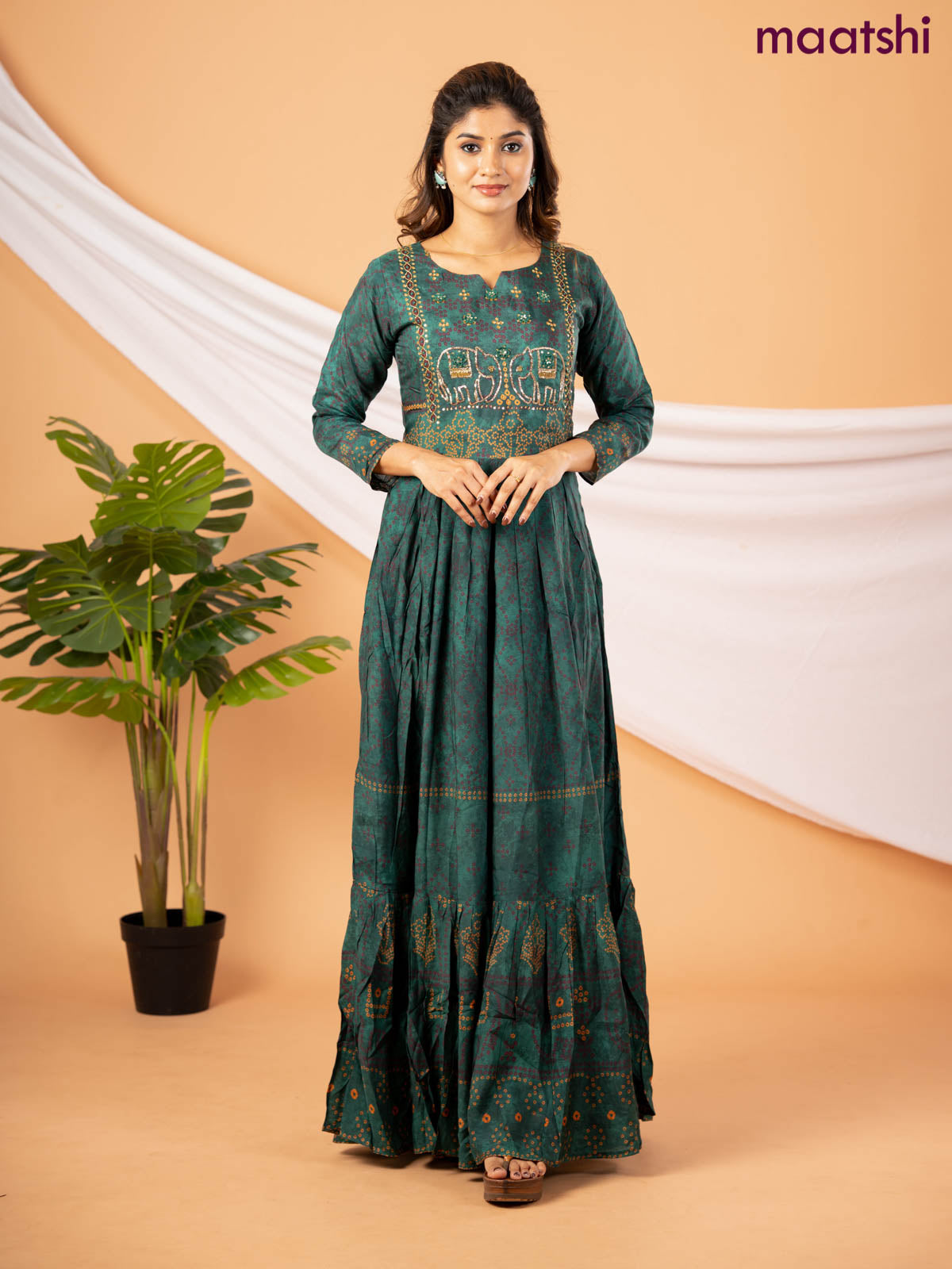 Muslin floor length dress green with allover bandhani prints & chamki neck pattern