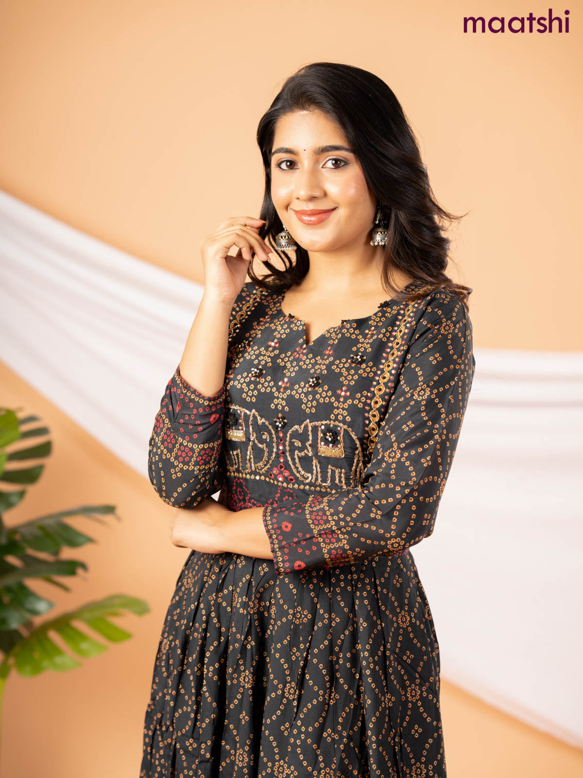 Muslin floor length dress black with allover bandhani prints & chamki neck pattern