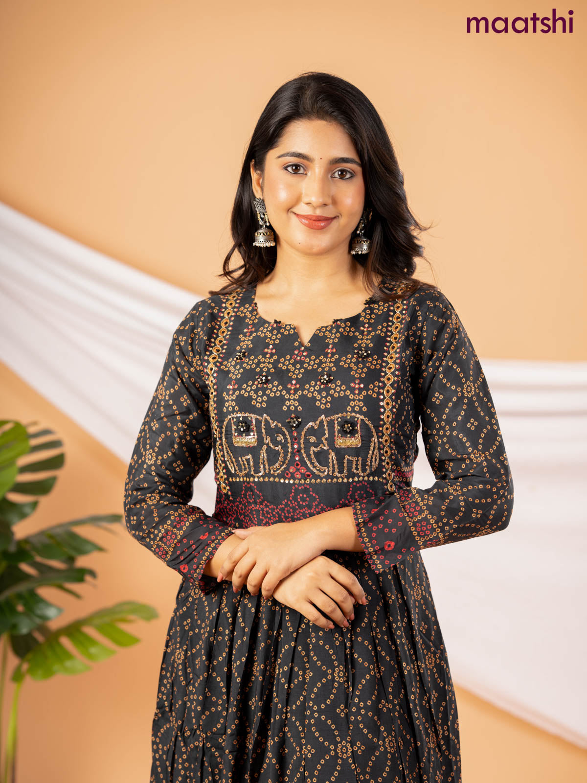 Muslin floor length dress black with allover bandhani prints & chamki neck pattern