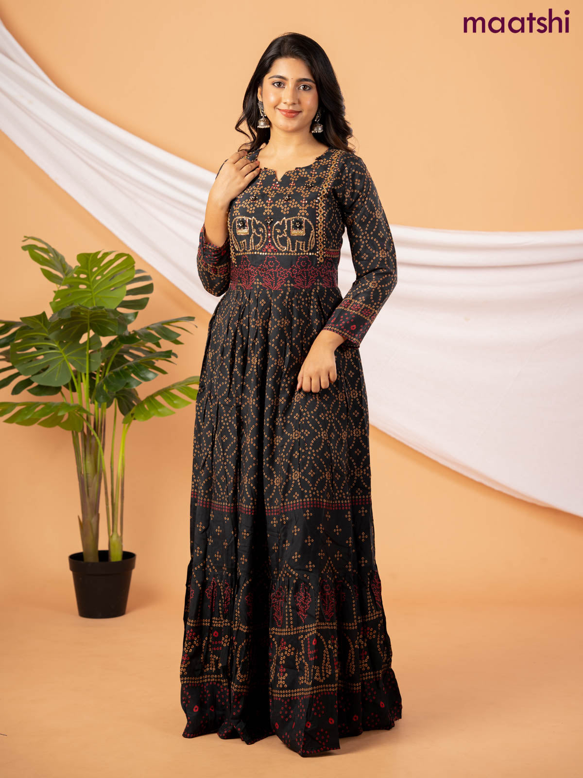 Muslin floor length dress black with allover bandhani prints & chamki neck pattern