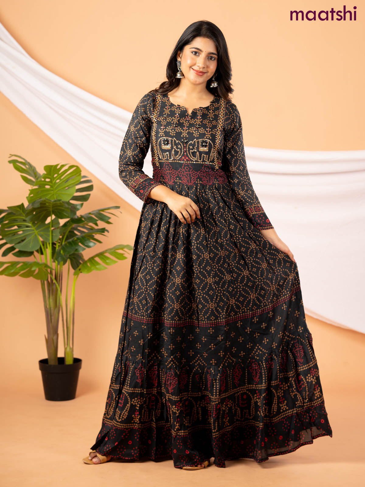 Muslin floor length dress black with allover bandhani prints & chamki neck pattern