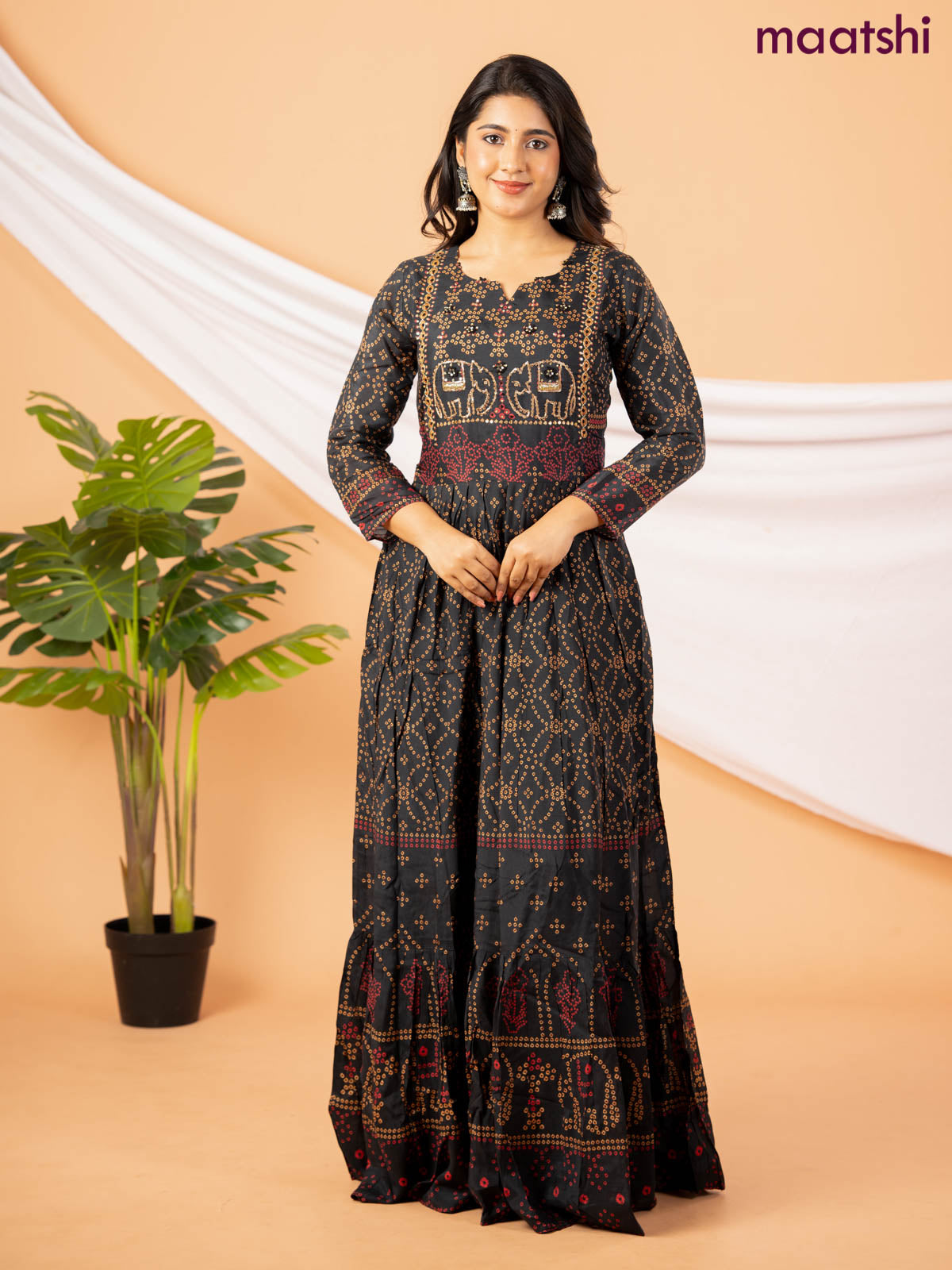 Muslin floor length dress black with allover bandhani prints & chamki neck pattern