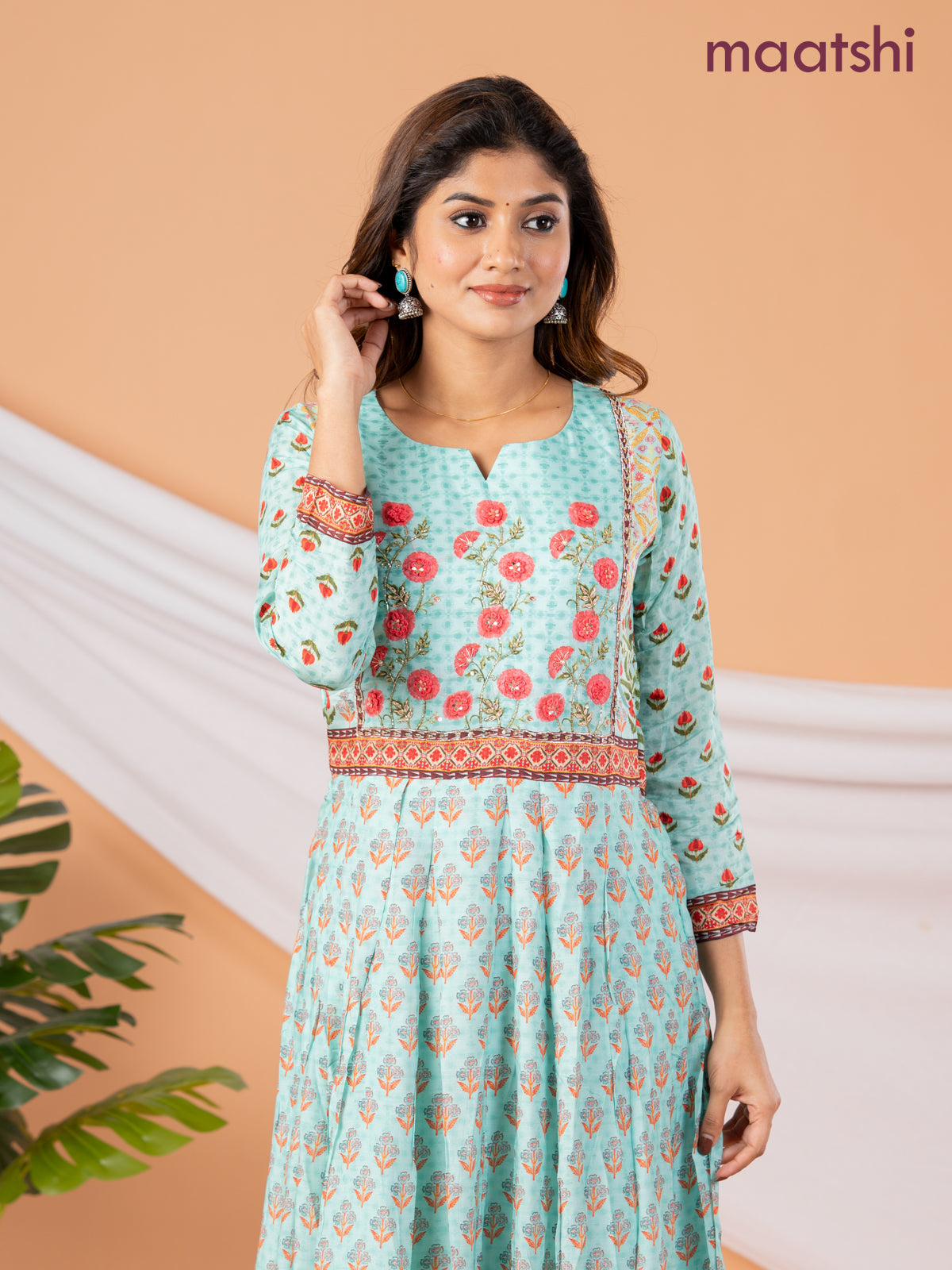 Pure muslin floor length dress teal green with allover prints & embroidery neck pattern without pant