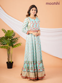 Pure muslin floor length dress teal green with allover prints & embroidery neck pattern without pant