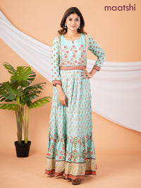 Pure muslin floor length dress teal green with allover prints & embroidery neck pattern without pant