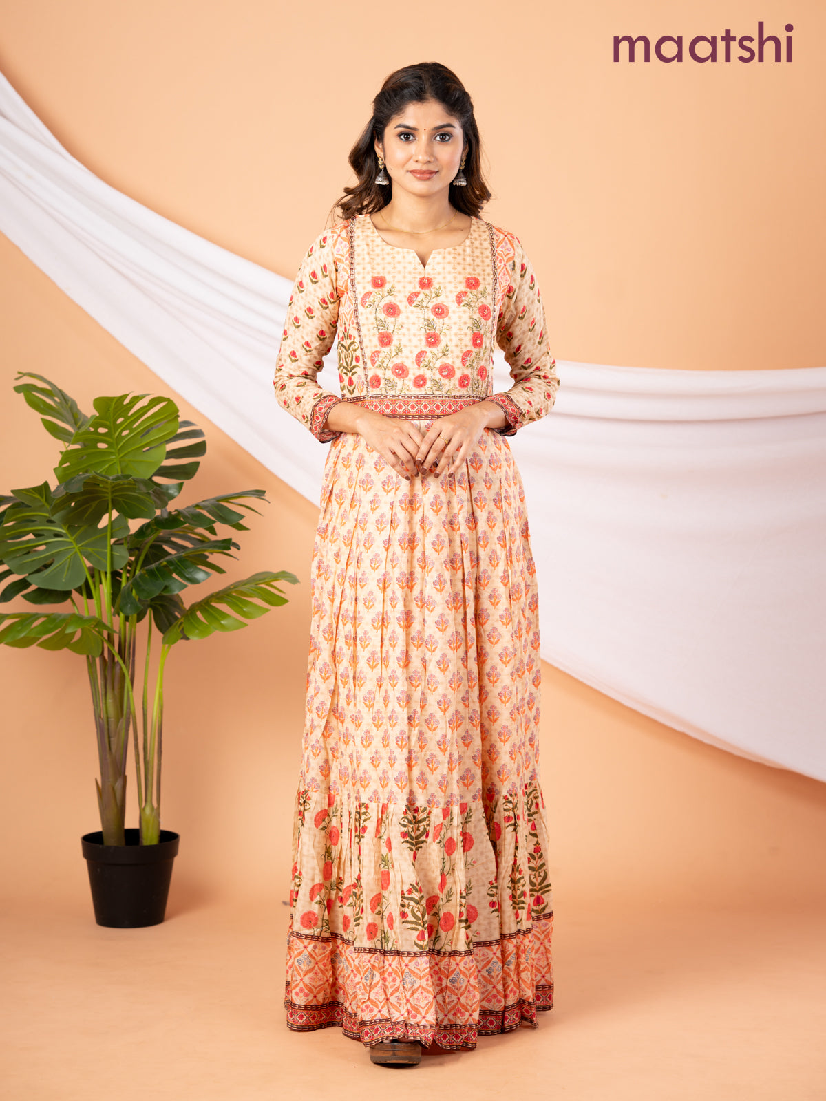 Pure muslin floor length dress sandal with allover prints & embroidery neck pattern without pant