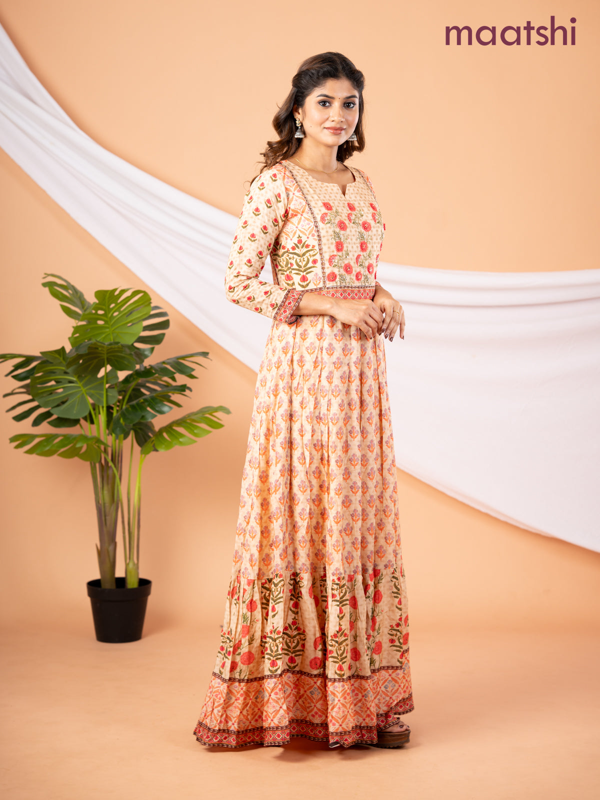 Pure muslin floor length dress sandal with allover prints & embroidery neck pattern without pant