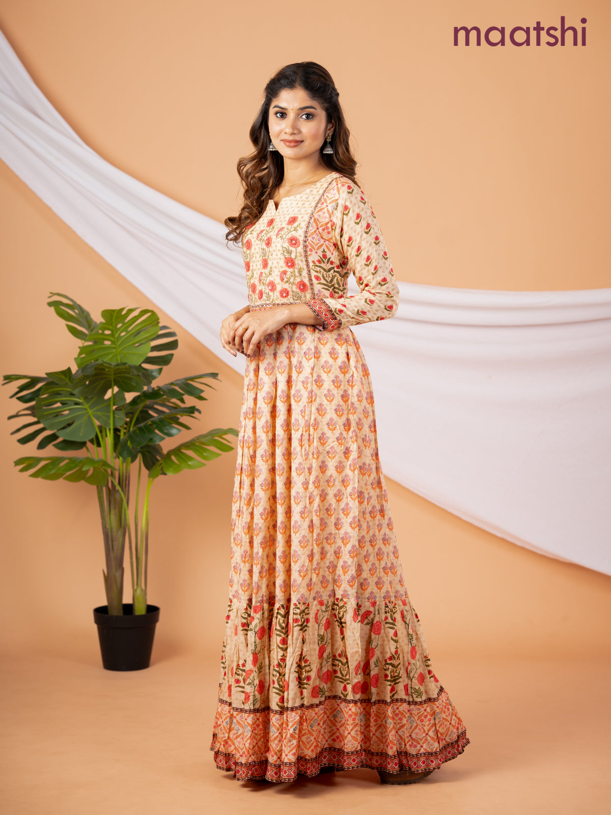 Pure muslin floor length dress sandal with allover prints & embroidery neck pattern without pant