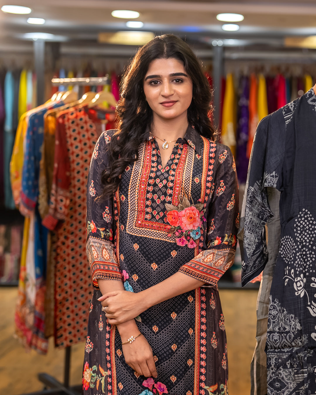 Black Crepe Slik Floral Printed Kurti Set Semi Palazzo Pant