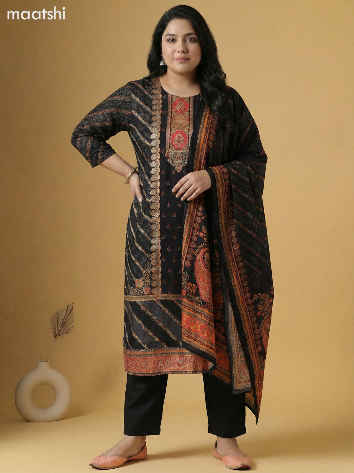 Black Art Tussar With Banarasi Style Straight Suit