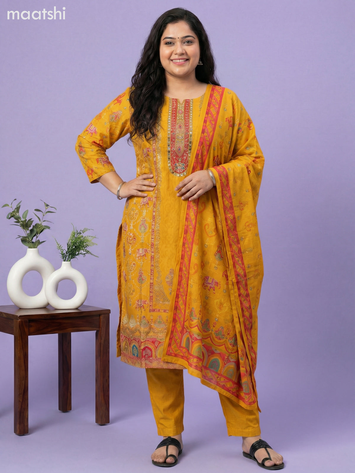 Mustard Yellow Art Tussar With Banarasi Style Straight Suit