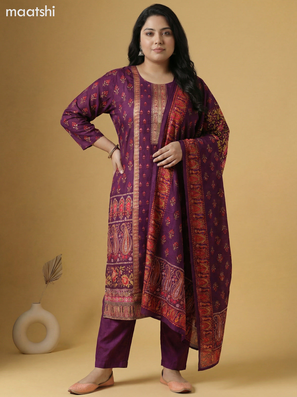 Wine Shade Art Tussar With Banarasi Style Straight Suit