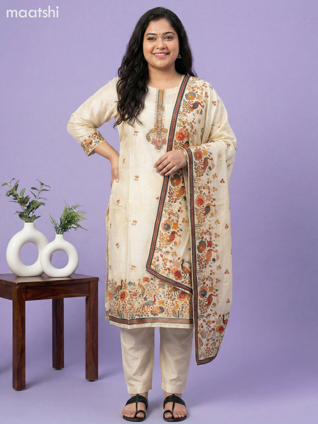 Cream Art Tussar With Banarasi Style Straight Suit