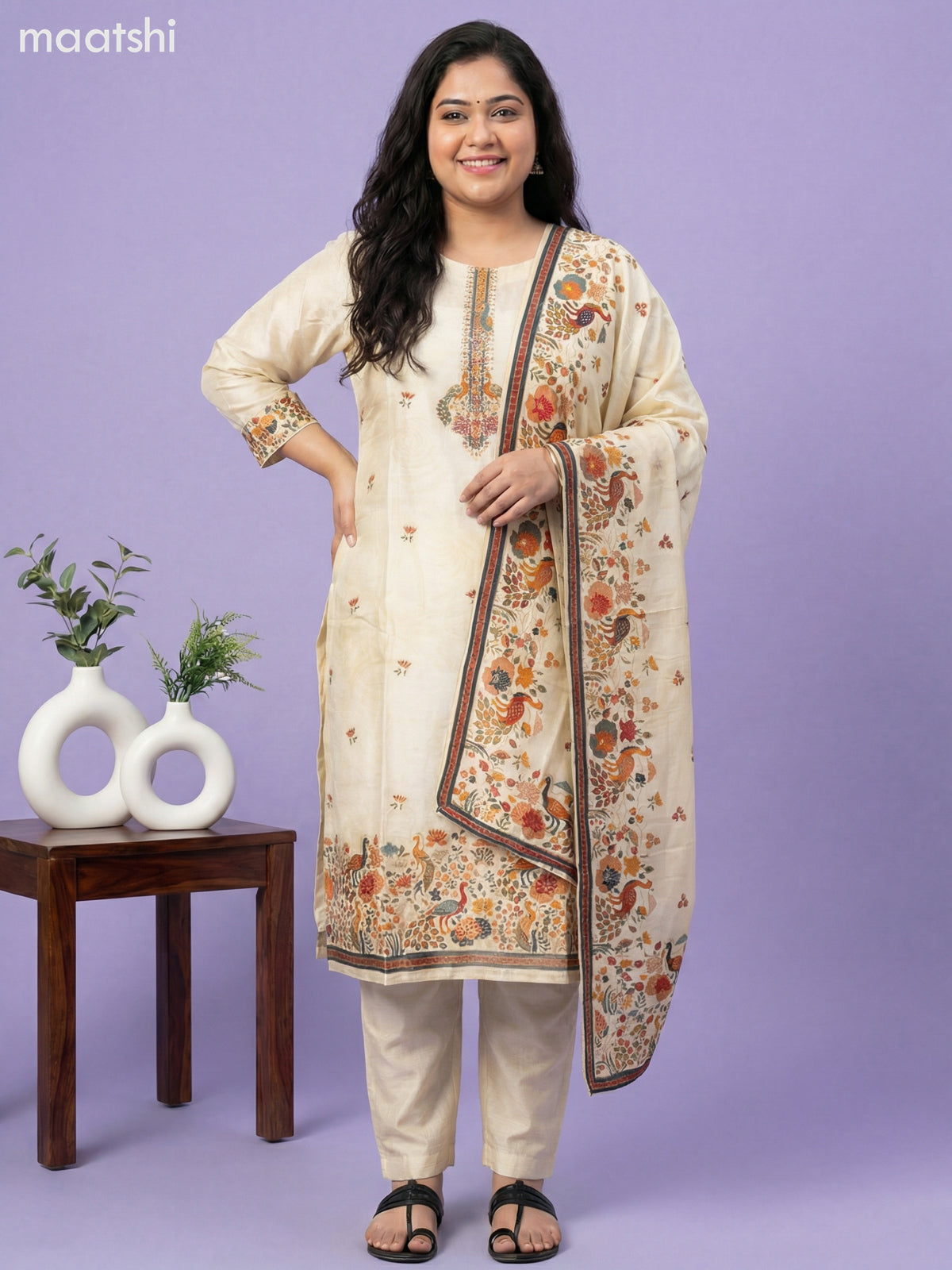 Cream Art Tussar With Banarasi Style Straight Suit