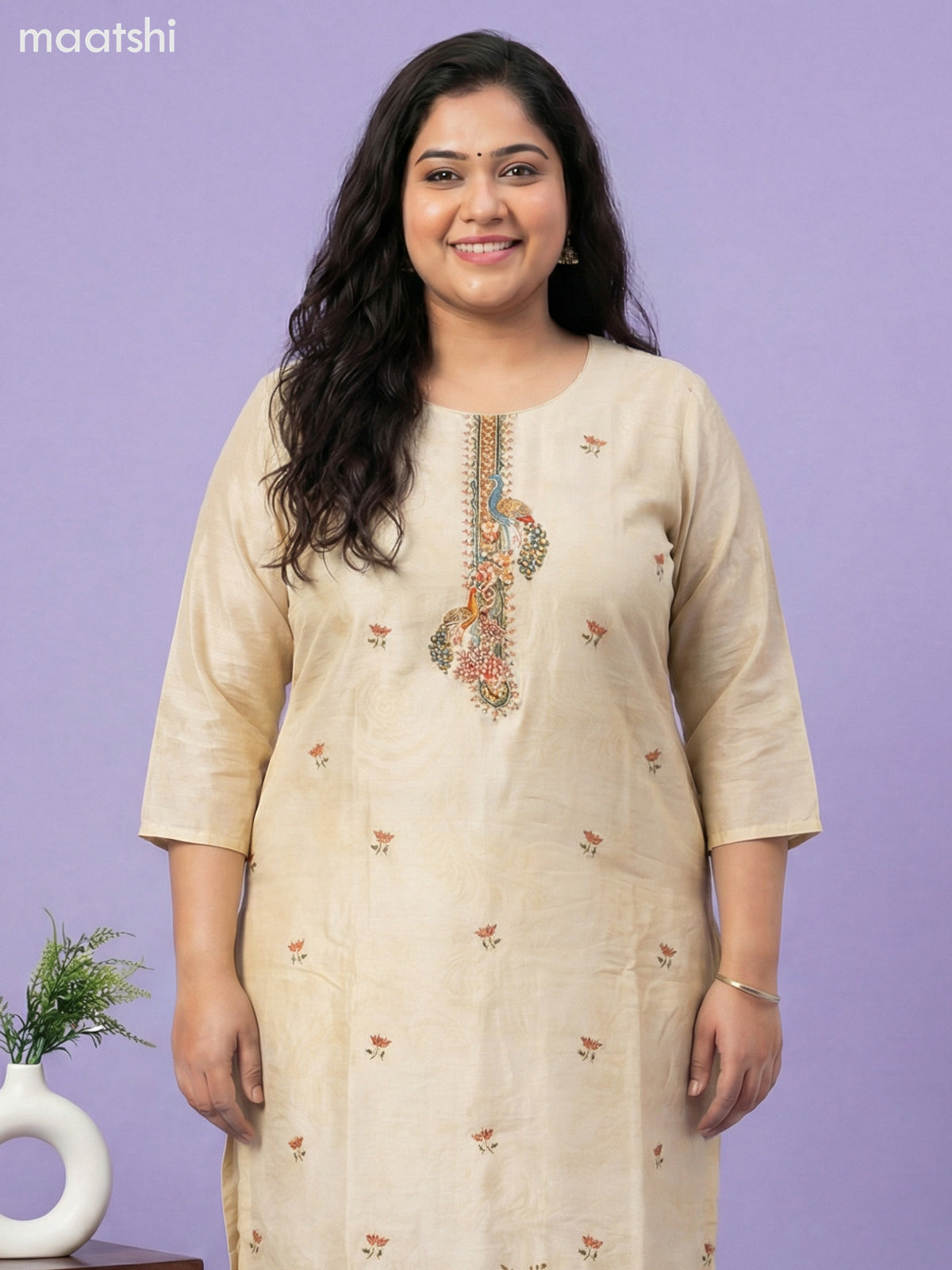 Cream Art Tussar With Banarasi Style Straight Suit