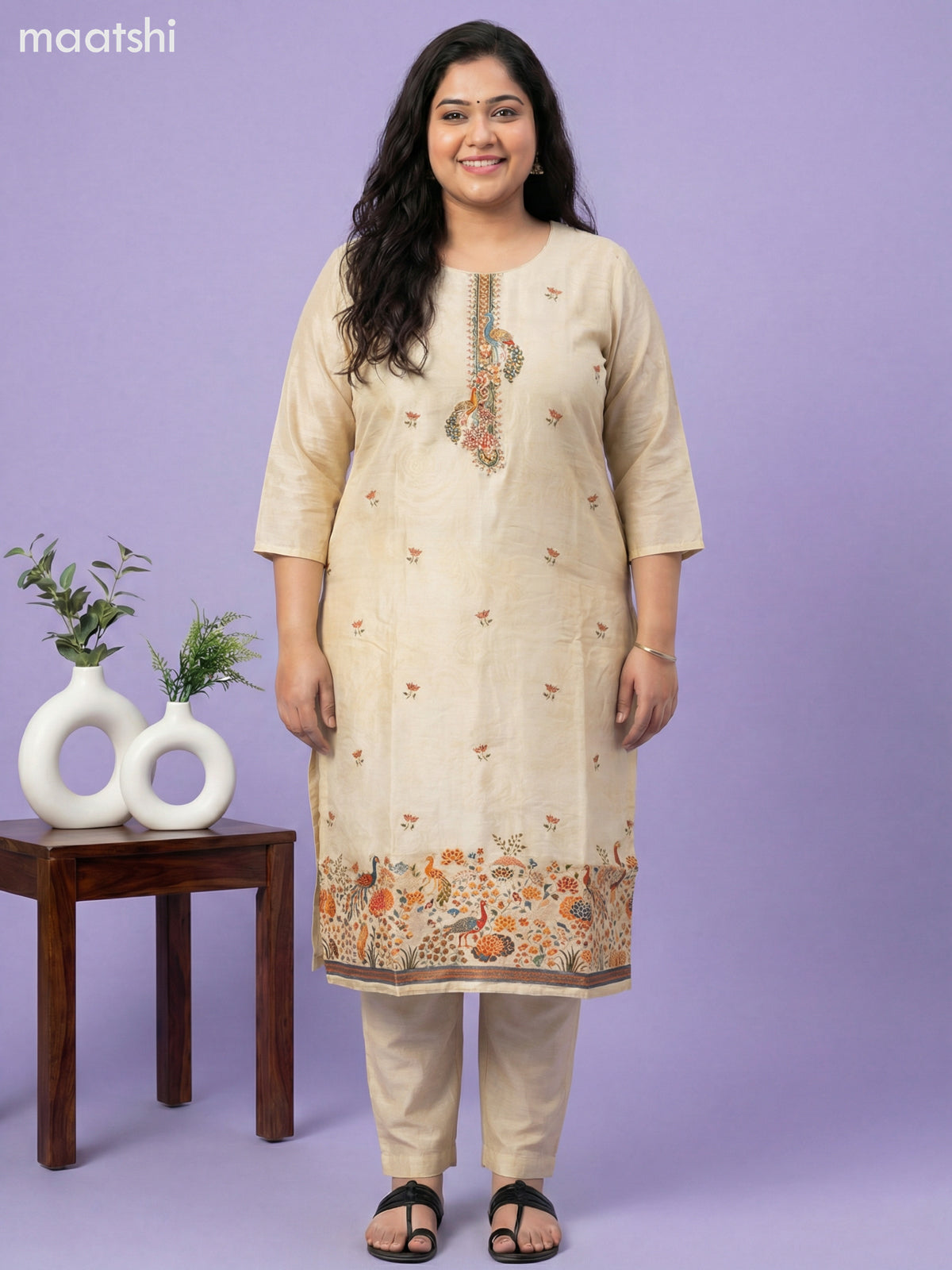 Cream Art Tussar With Banarasi Style Straight Suit