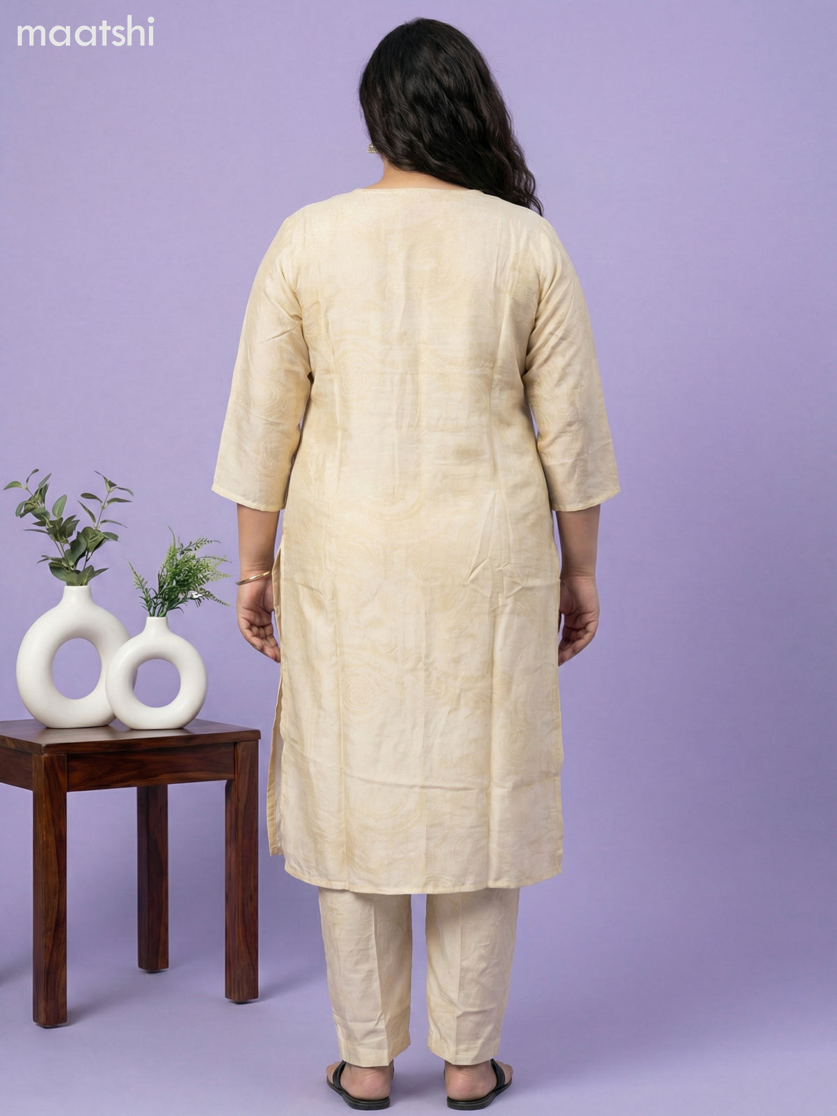 Cream Art Tussar With Banarasi Style Straight Suit