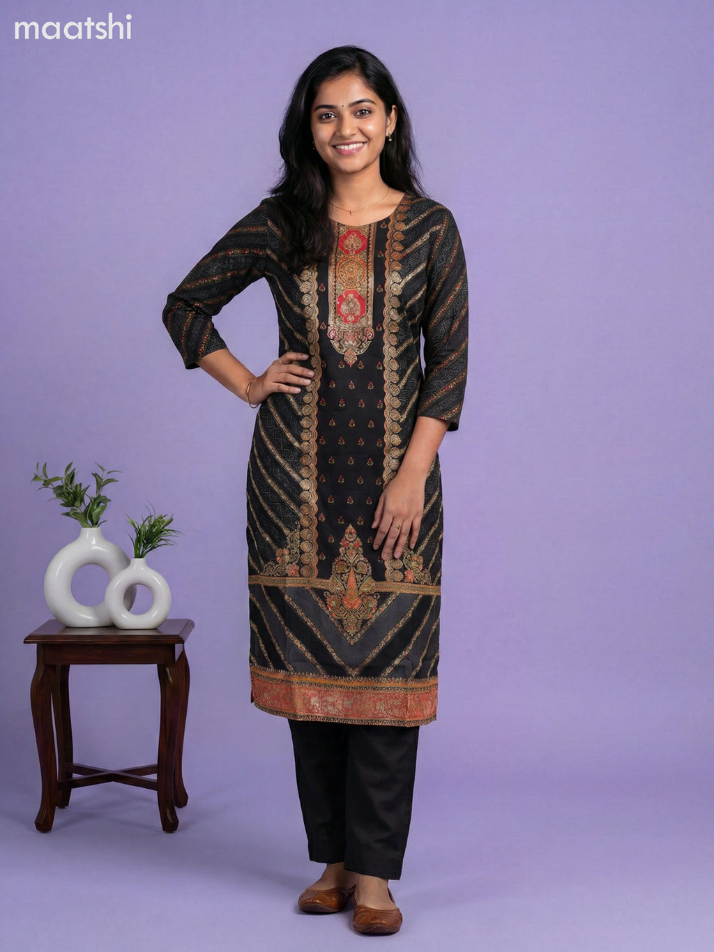 Black Art Tussar With Banarasi Style Straight Suit