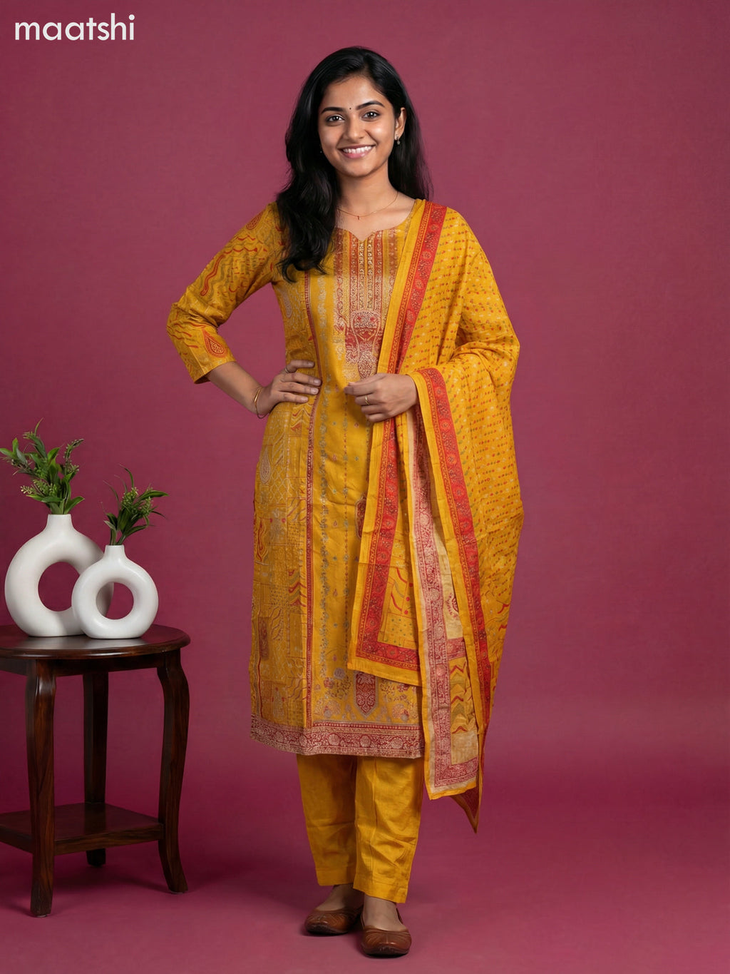 Mustard Yellow Art Tussar With Banarasi Style Straight Suit