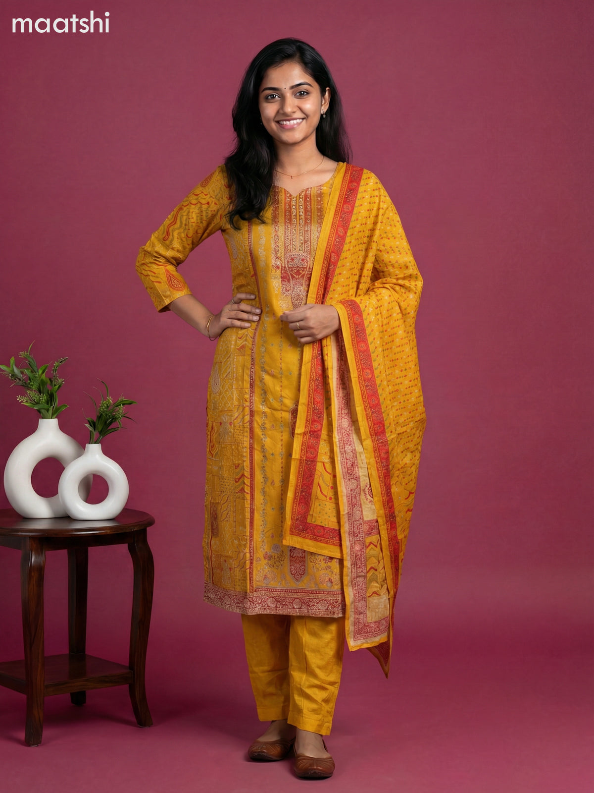 Mustard Yellow Art Tussar With Banarasi Style Straight Suit