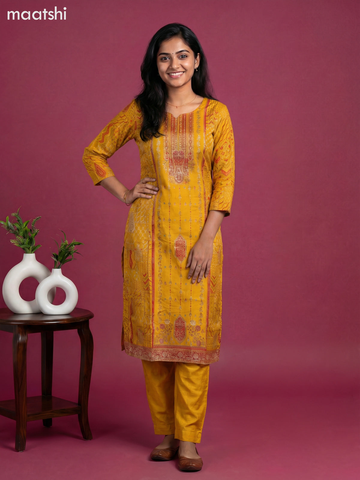 Mustard Yellow Art Tussar With Banarasi Style Straight Suit