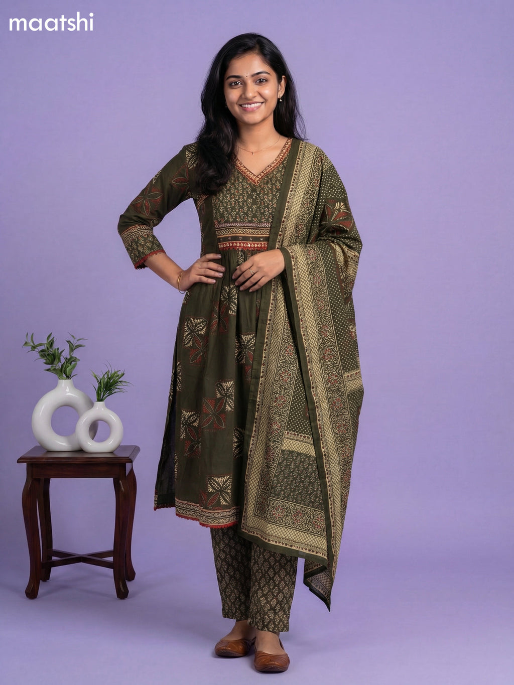 Dark Sap Green Cotton Printed A-Line Suit