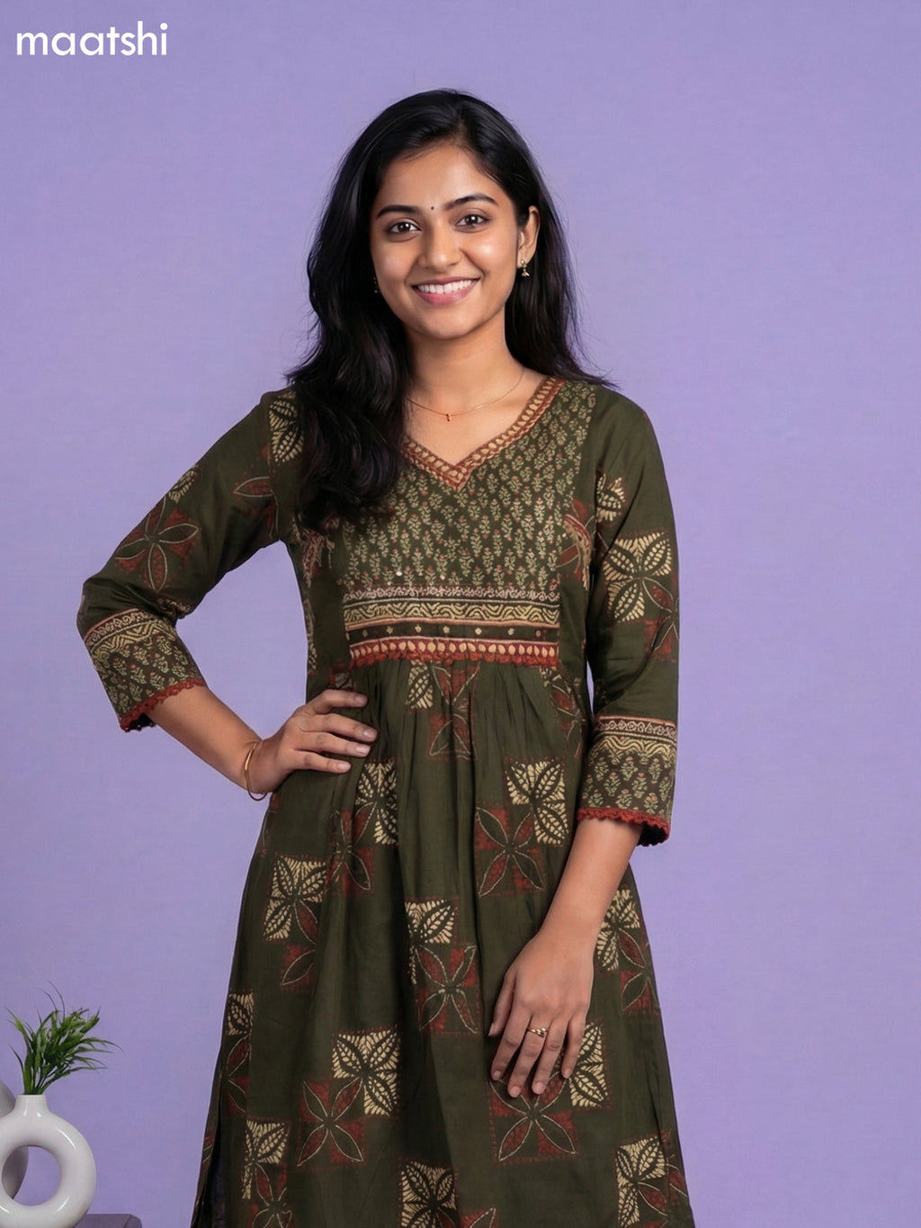 Dark Sap Green Cotton Printed A-Line Suit