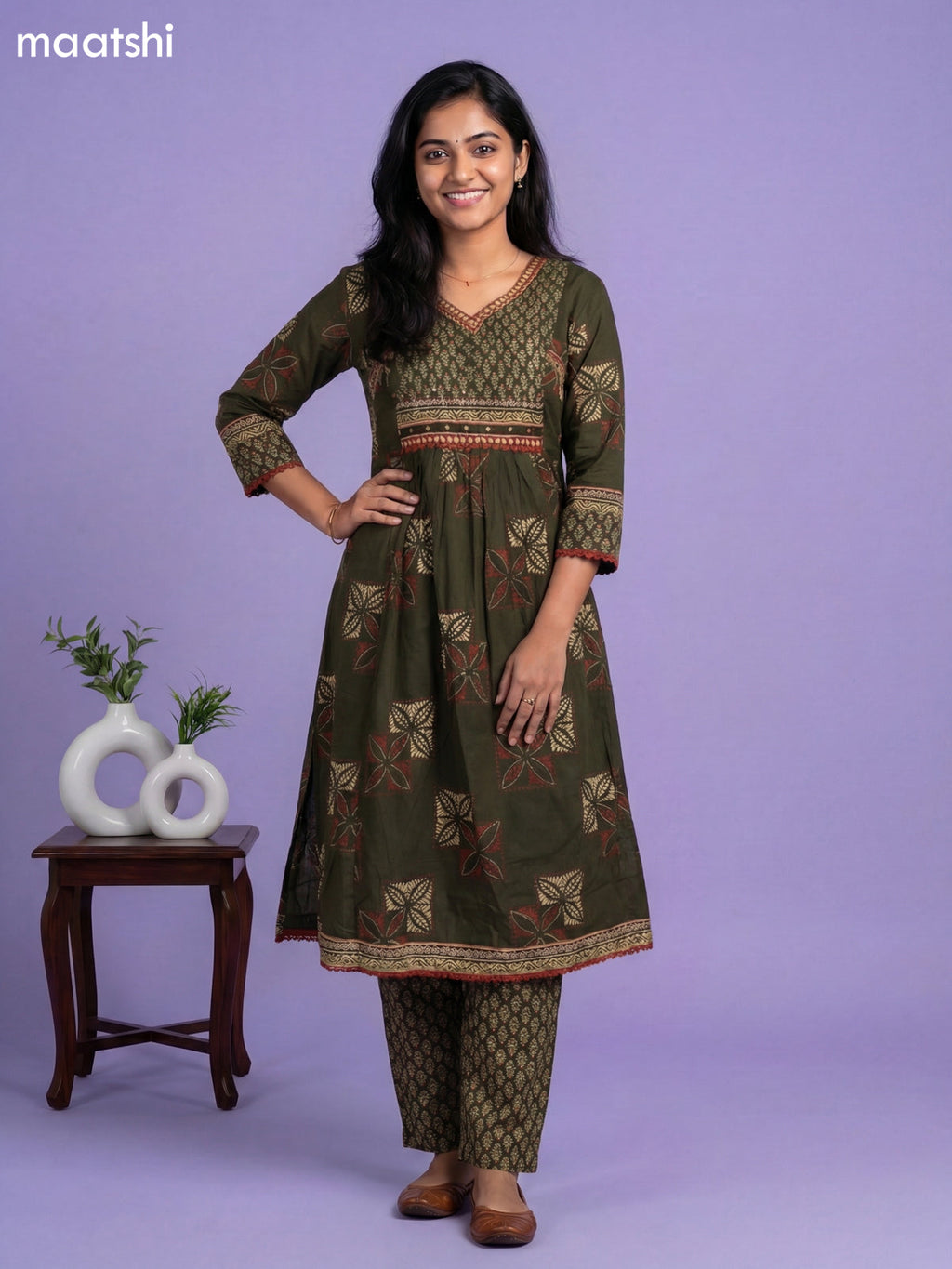 Dark Sap Green Cotton Printed A-Line Suit
