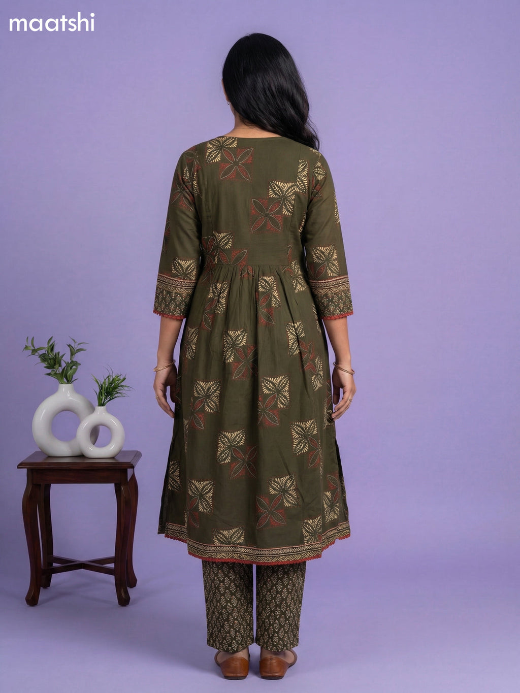 Dark Sap Green Cotton Printed A-Line Suit