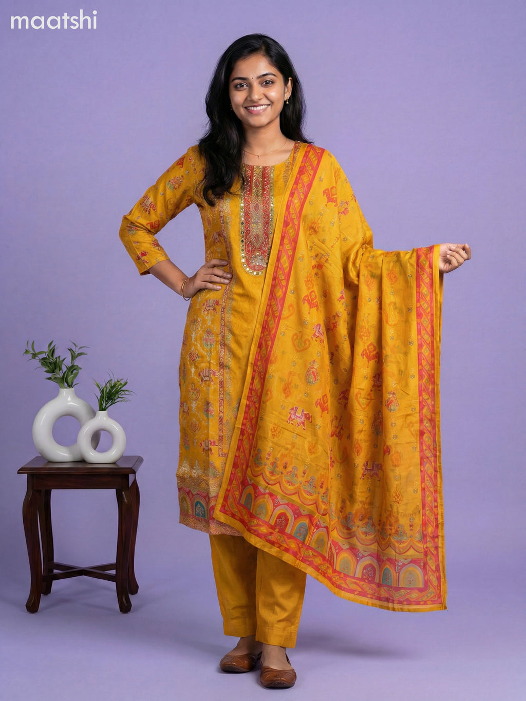 Mustard Yellow Art Tussar With Banarasi Style Straight Suit