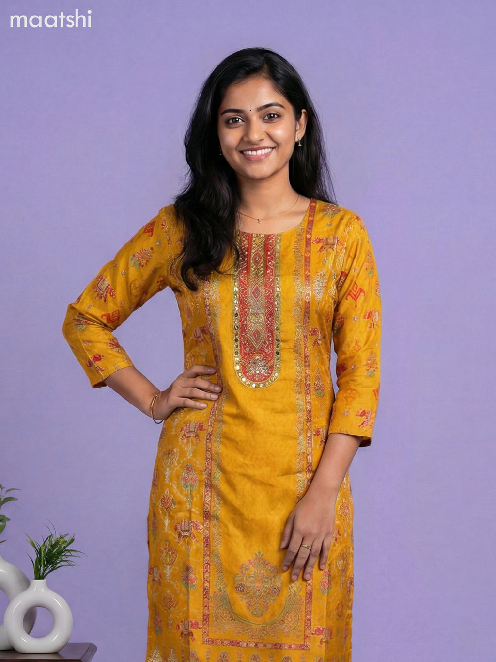 Mustard Yellow Art Tussar With Banarasi Style Straight Suit